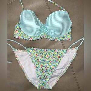 Victorias Secret Striped Floral Bikini Set 32C ~ M